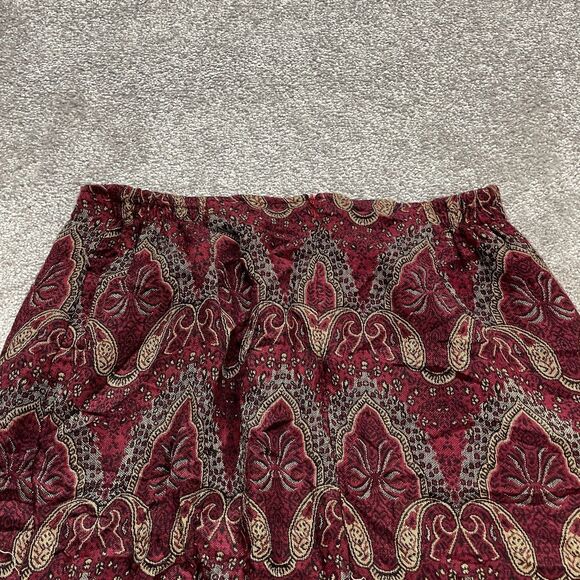 Dressbarn Maxi Skirt Women 14 Red Paisley Tasseled Back Slit Rayon Elastic Waist - Picture 3 of 12